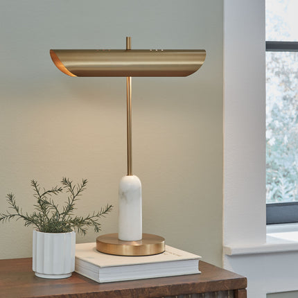 Rowleigh - Gold Finish / White - Marble Desk Lamp Signature Design by Ashley® 