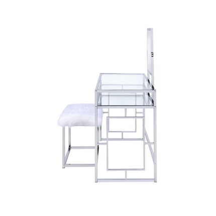 Carenze II - Vanity Desk - White Faux Fur & Chrome ACME 