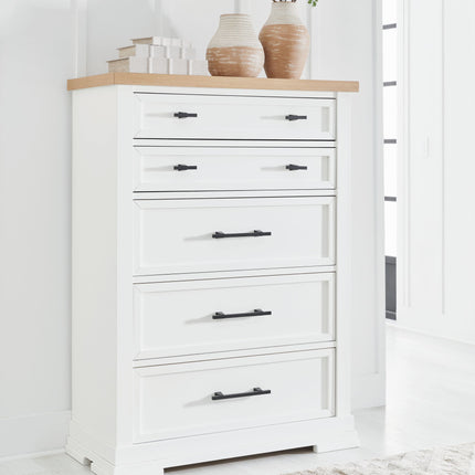 Ashbryn - White / Natural - Five Drawer Chest Benchcraft® 