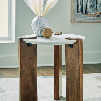 Isanti - White / Brown - Round End Table Signature Design by Ashley® 