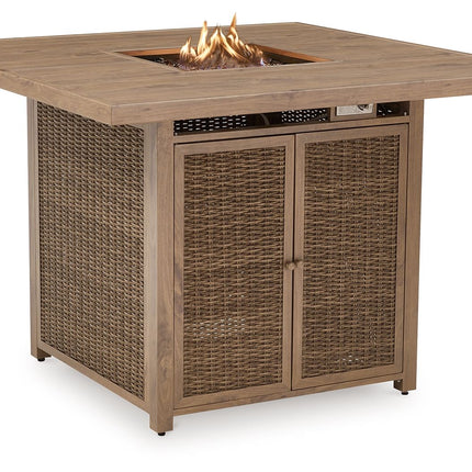 Walton Bridge - Driftwood - 5 Pc. - Square Bar Table W/Fire Pit, 4 Barstools Signature Design by Ashley® 