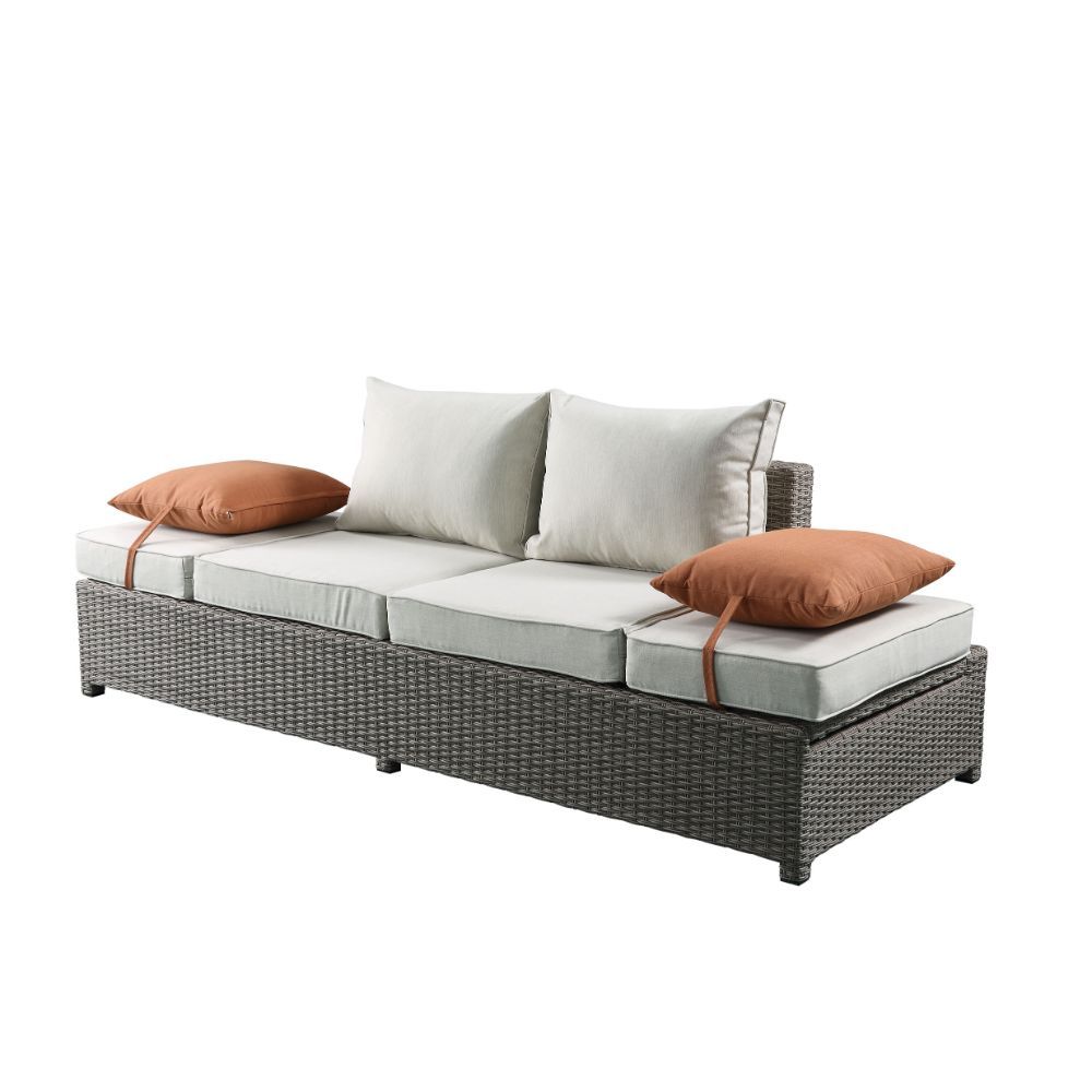 Salena - Patio Sofa & Ottoman - Beige Fabric & Gray Wicker - 26" ACME 