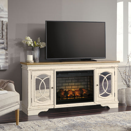 Realyn - Chipped White - 2 Pc. - 74" TV Stand With Electric Infrared Fireplace Insert Signature Design by Ashley® 