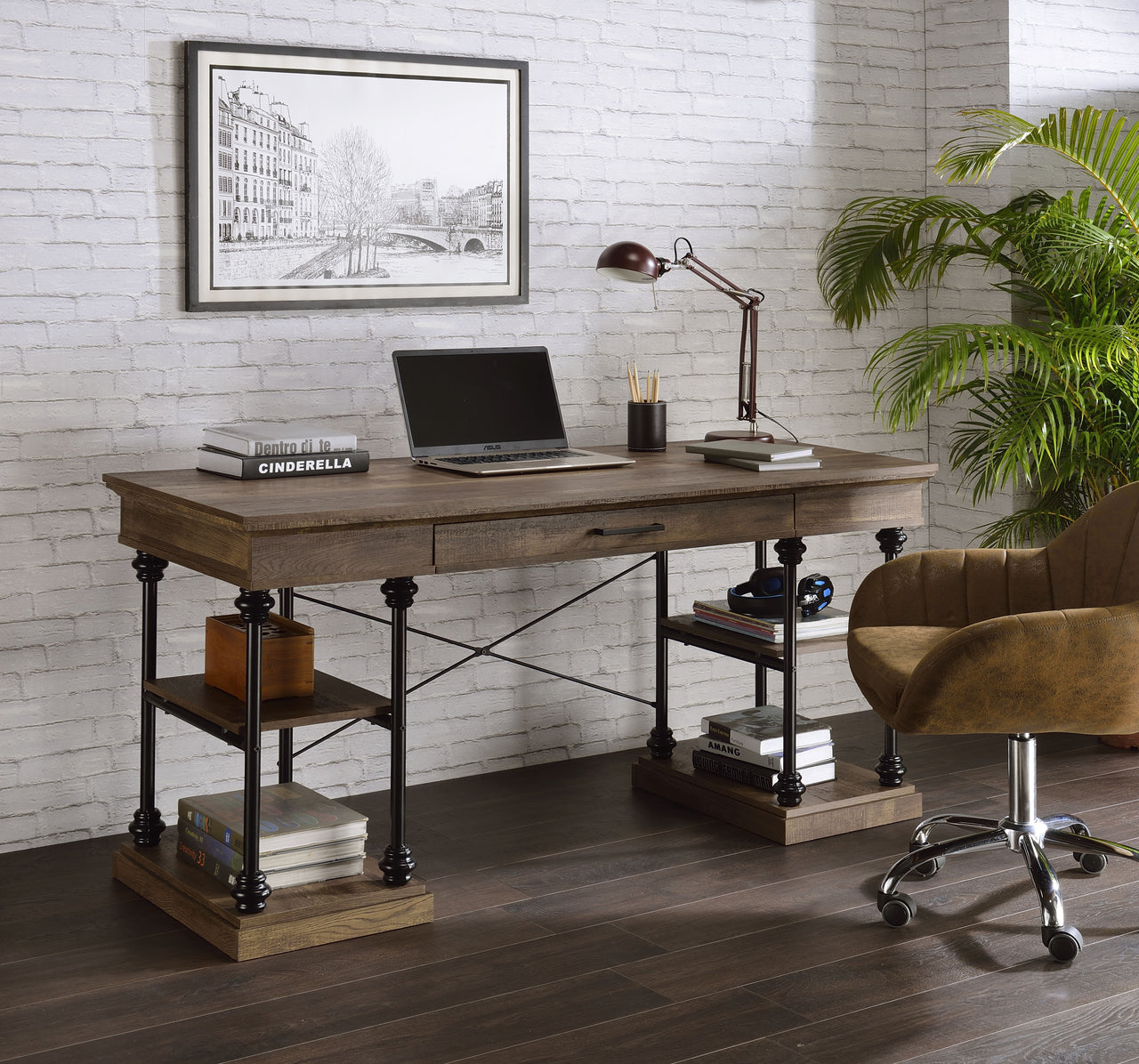 Synal - Writing Desk - Rustic Oak & Black Finish - Tony's Home Furnishings