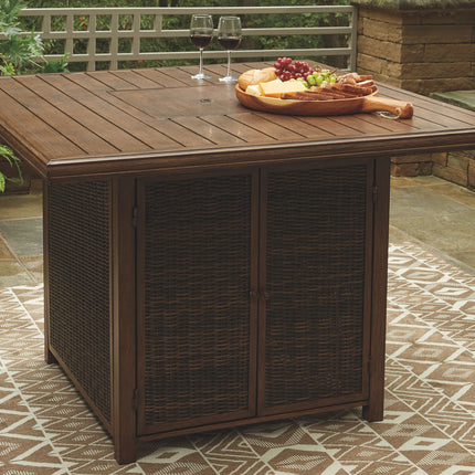 Paradise - Medium Brown - Square Bar Table W/Fire Pit Ashley Furniture 