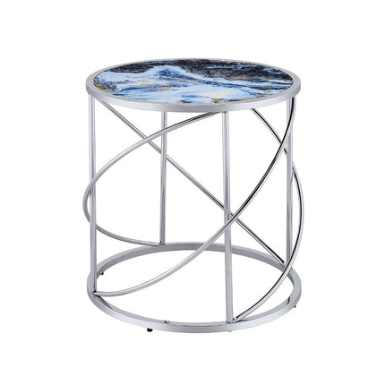 Lyda - End Table - Blue Marble Print & Chrome ACME 