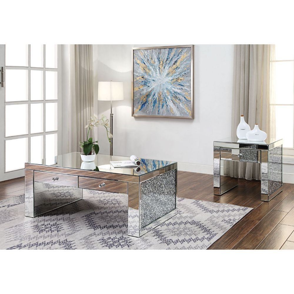 Noralie - Coffee Table - Mirrored & Faux Diamonds - Glass - 19" ACME 