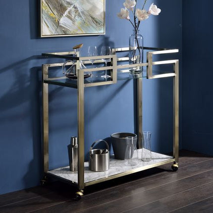 Neilo - Kitchen Cart - Clear Glass, Faux Marble & Wire Brass Finish ACME 