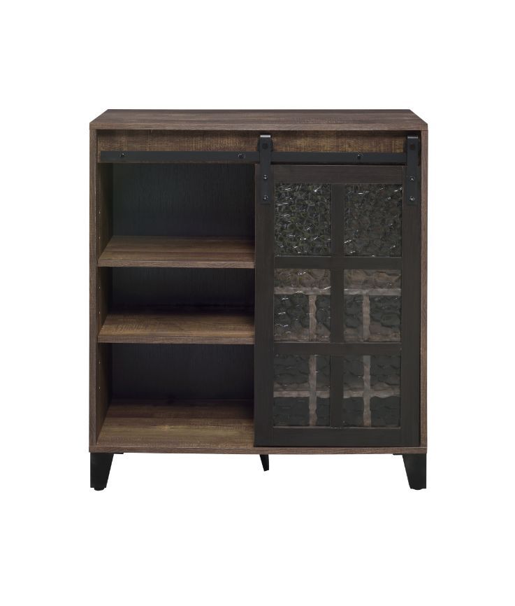 Treju - Wine Cabinet - Obscure Glass, Rustic Oak & Black Finish ACME 