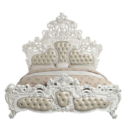 Vanaheim - Eastern King Bed - Beige PU & Antique White Finish ACME 