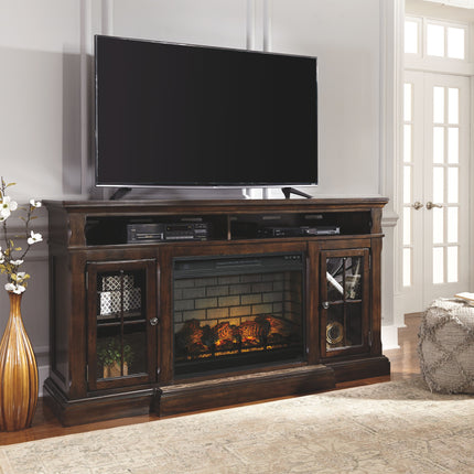 Roddinton - Dark Brown - 2 Pc. - 74" TV Stand With Electric Infrared Fireplace Insert Signature Design by Ashley® 