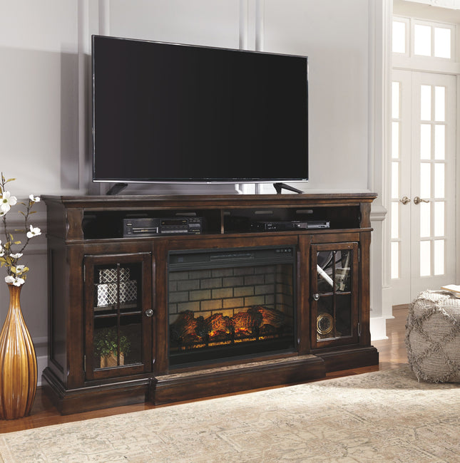 Roddinton - Dark Brown - 2 Pc. - 74" TV Stand With Electric Infrared Fireplace Insert Signature Design by Ashley® 