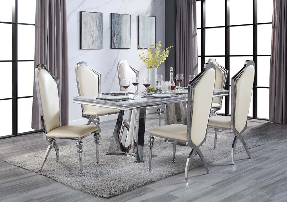 Destry Dining Table - Faux Marble Top & Mirrored Silver Finish ACME 