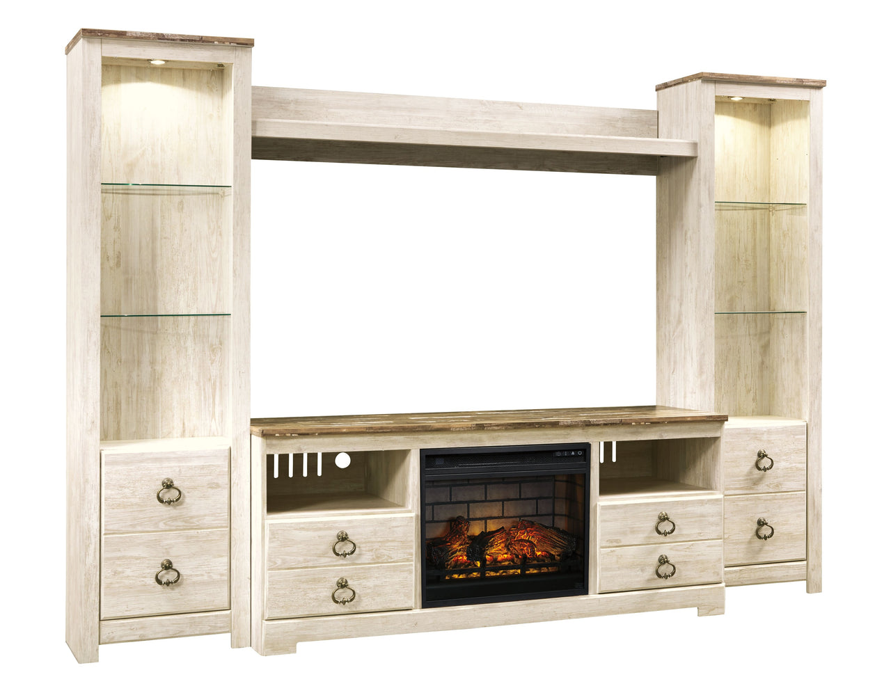Willowton - Whitewash - Entertainment Center - TV Stand With Faux Firebrick Fireplace Insert - Tony's Home Furnishings