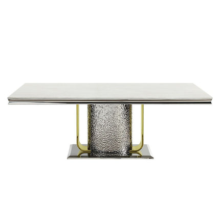 Fadri - Dining Table With Engineering Stone Top & Pedestal Base - Mirrored Silver & Gold ACME 