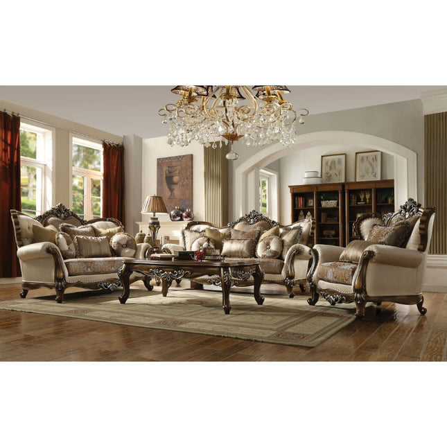 Latisha - Loveseat - Tan, Pattern Fabric & Antique Oak - Tony's Home Furnishings