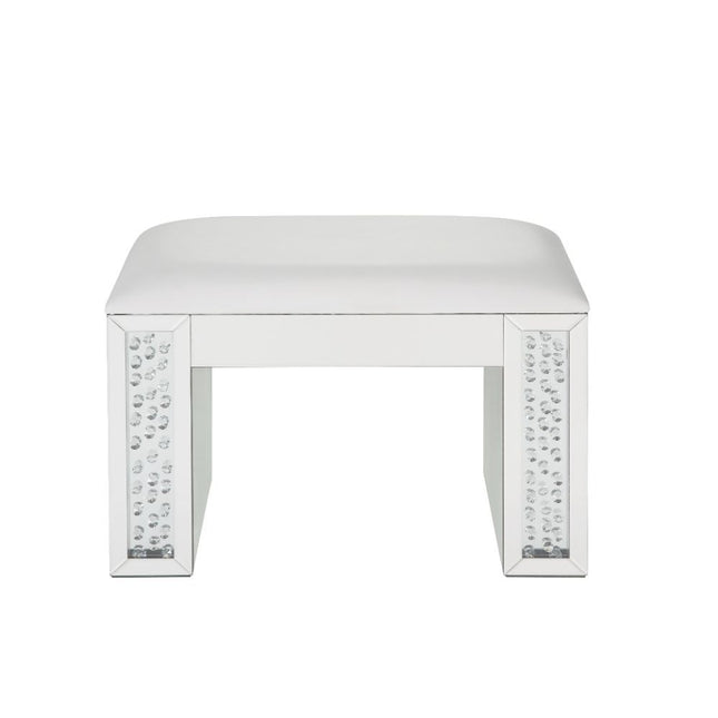 Nysa - Vanity Stool - Ivory PU, Mirrored & Faux Crystals - Tony's Home Furnishings