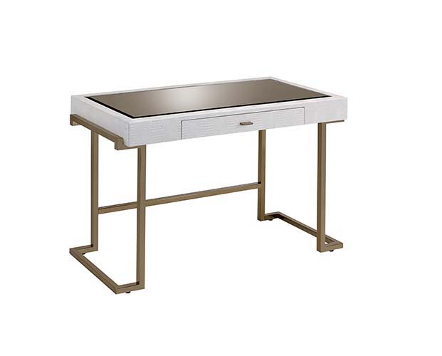 Boice - Vanity Desk - White PU & Champagne Finish - Tony's Home Furnishings