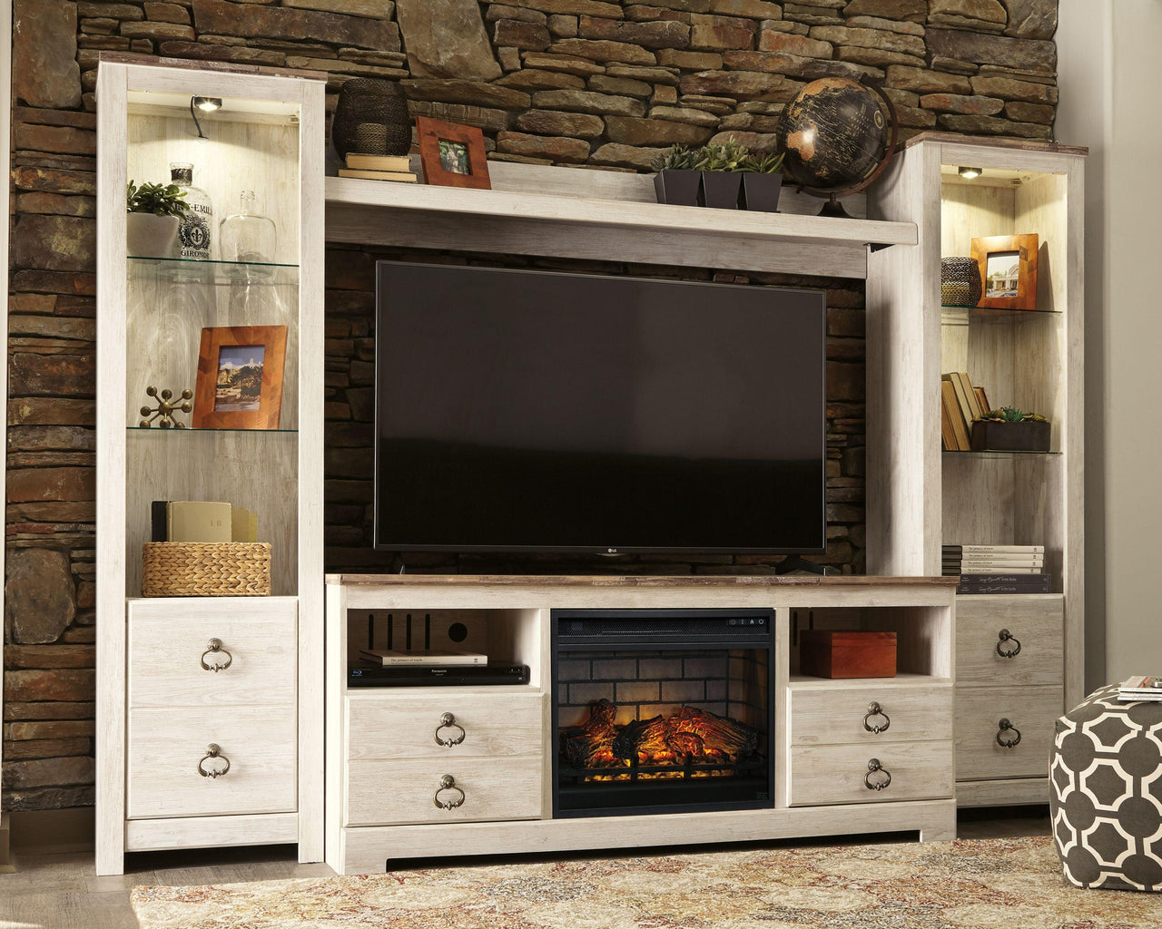 Willowton - Whitewash - Entertainment Center - TV Stand With Faux Firebrick Fireplace Insert Tony's Home Furnishings Furniture. Beds. Dressers. Sofas.