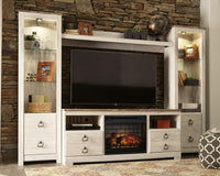 Thumbnail for Willowton - Whitewash - Entertainment Center - TV Stand With Faux Firebrick Fireplace Insert Tony's Home Furnishings Furniture. Beds. Dressers. Sofas.