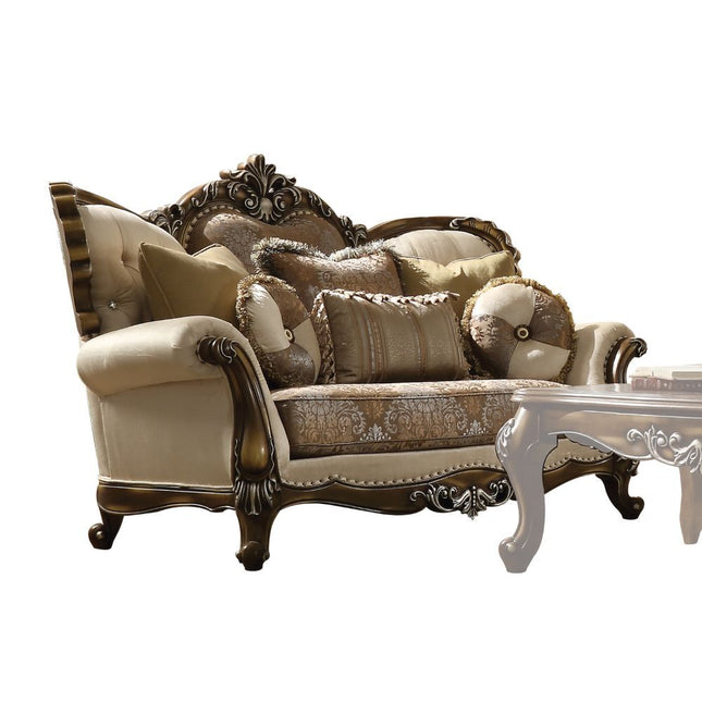 Latisha - Loveseat - Tan, Pattern Fabric & Antique Oak - Tony's Home Furnishings