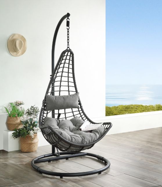 Uzae - Patio Swing Chair - Gray Fabric & Charcaol Wicker - Tony's Home Furnishings