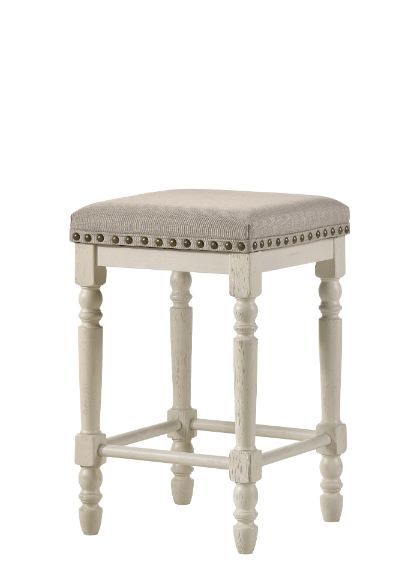 Tasnim - Stool (Set of 2) - Tan Fabric & Antique White Finish - Tony's Home Furnishings