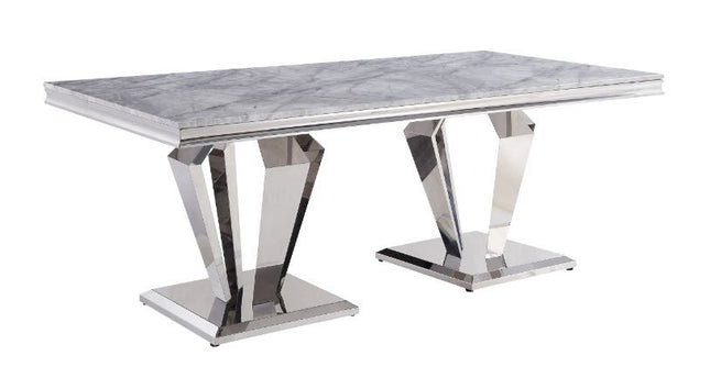 Satinka - Dining Table - Light Gray Printed Faux Marble & Mirrored Silver Finish - Tony's Home Furnishings