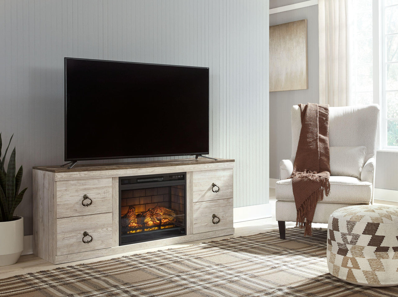 Willowton - Whitewash - 2 Pc. - TV Stand With Faux Firebrick Fireplace Insert Tony's Home Furnishings Furniture. Beds. Dressers. Sofas.