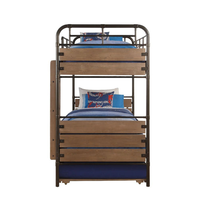 Adams - Twin Over Twin Bunk Bed & Trundle - Antique Oak & Gunmetal - Tony's Home Furnishings