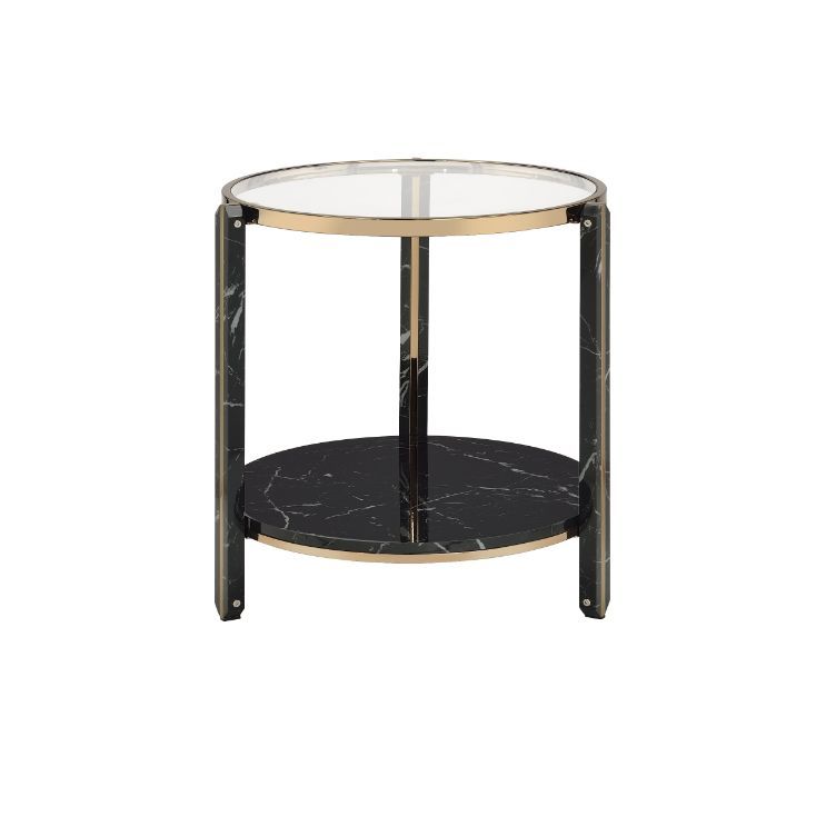 Thistle - End Table - Clear Glass, Faux Black Marble & Champagne Finish - Tony's Home Furnishings