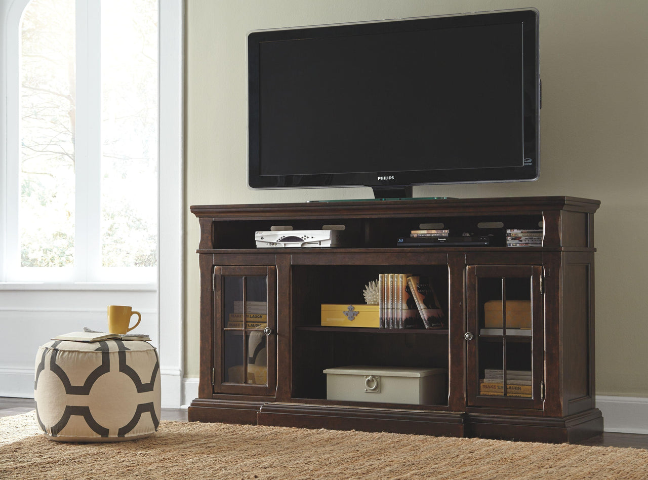 Roddinton - Dark Brown - 2 Pc. - 74" TV Stand With Electric Infrared Fireplace Insert Tony's Home Furnishings Furniture. Beds. Dressers. Sofas.