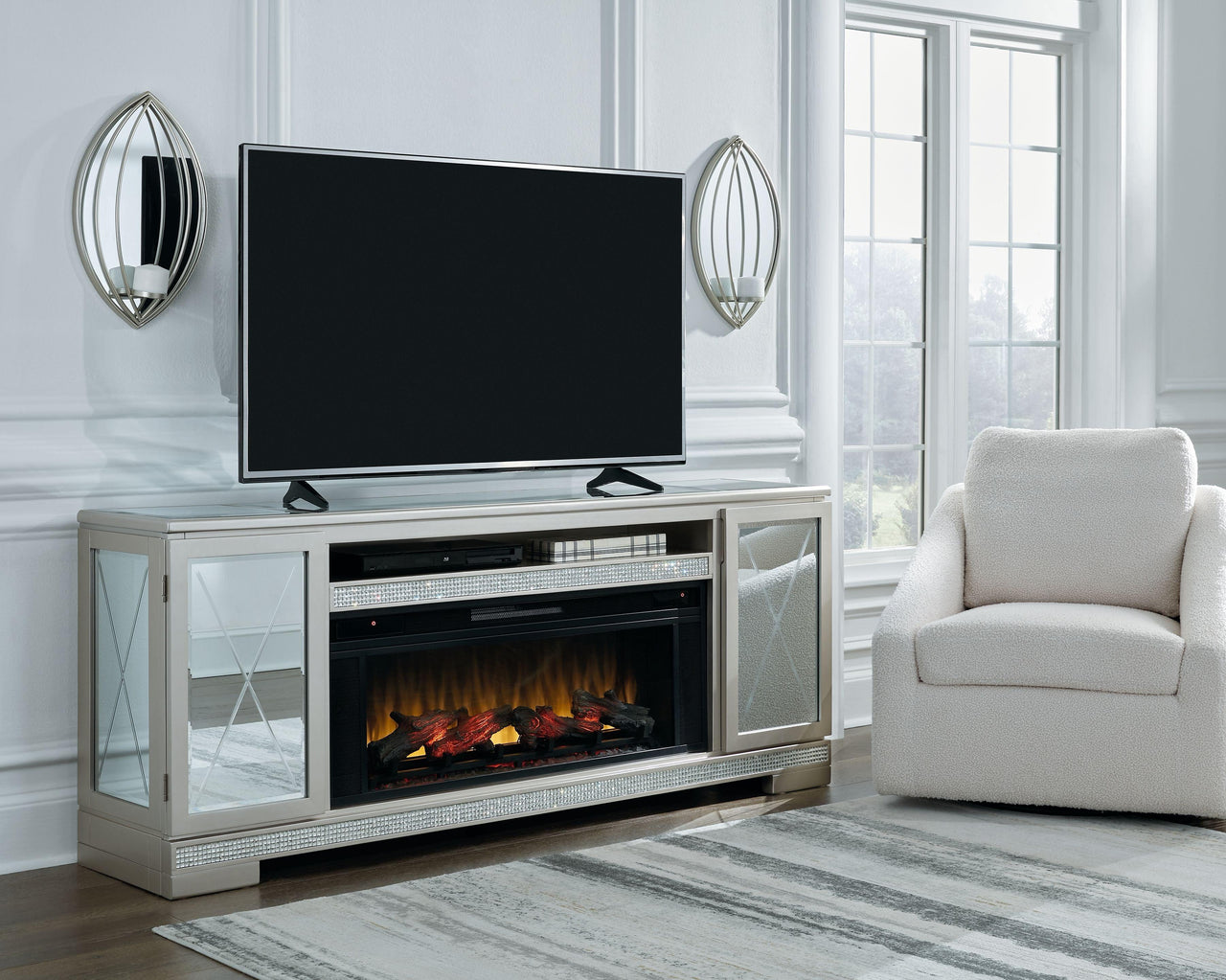 Flamory - Silver - 72" TV Stand With Electric Infrared Fireplace Insert Tony's Home Furnishings Furniture. Beds. Dressers. Sofas.