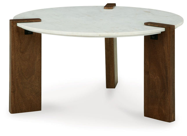 Isanti - White / Brown - Round Cocktail Table Signature Design by Ashley® 