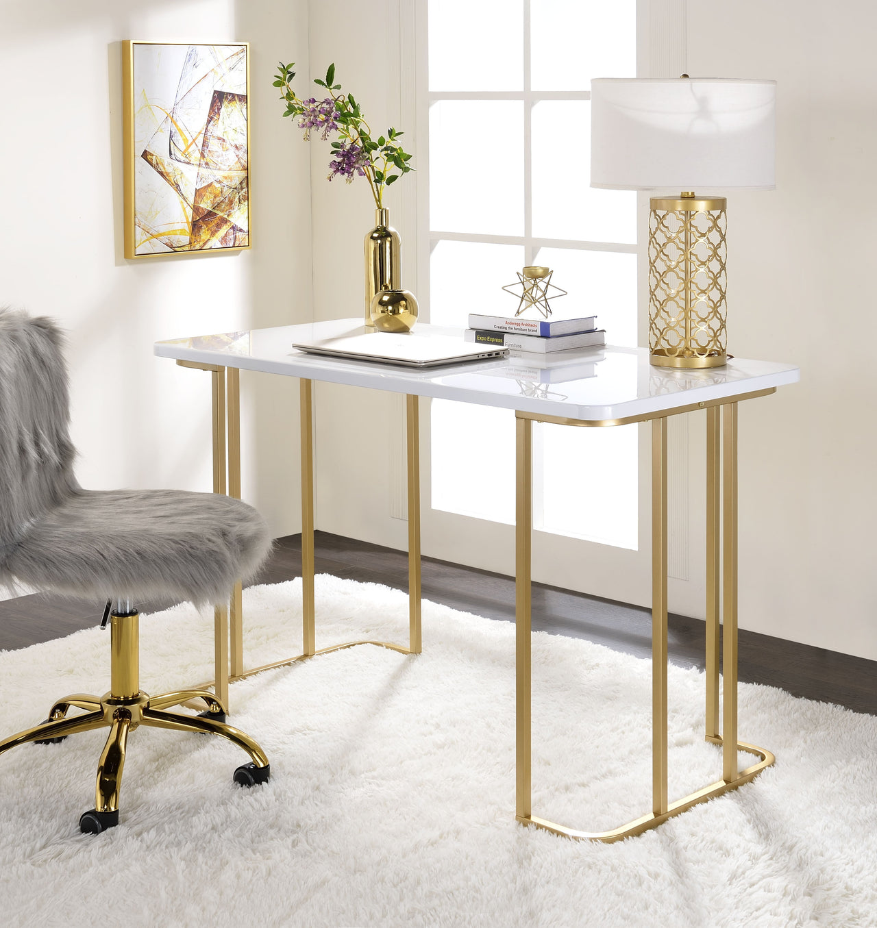 Estie - Vanity Desk - White & Gold Finish - Tony's Home Furnishings