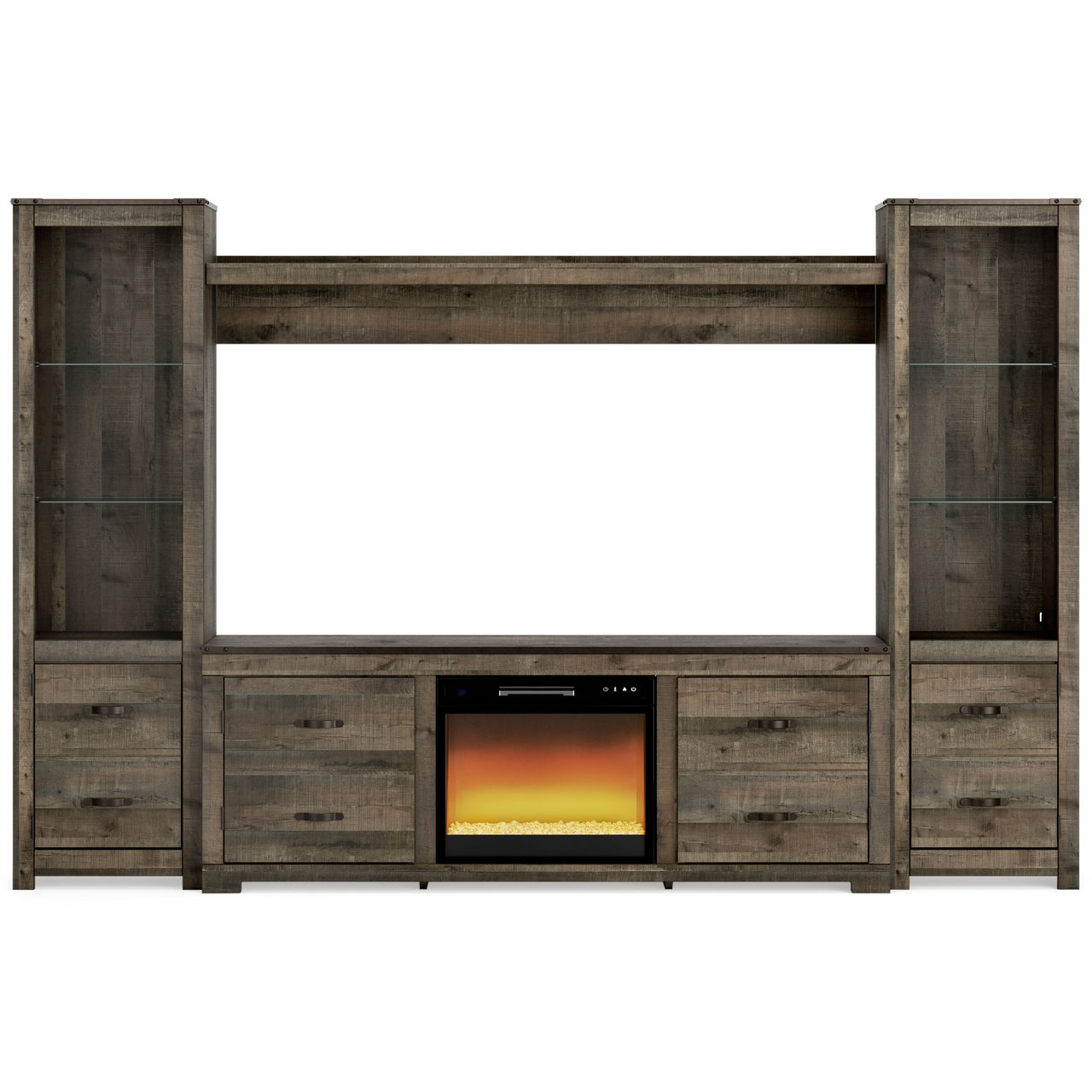 Trinell - Brown - 4-Piece Entertainment Center With Glass/Stone Fireplace Insert Tony's Home Furnishings Furniture. Beds. Dressers. Sofas.