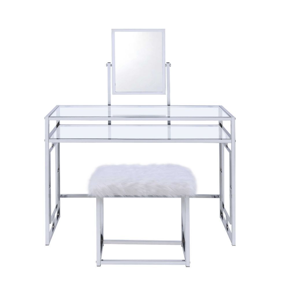 Carenze II - Vanity Desk - White Faux Fur & Chrome - Tony's Home Furnishings
