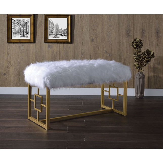 Bagley II - Bench - White Faux Fur & Gold - 21" - Tony's Home Furnishings