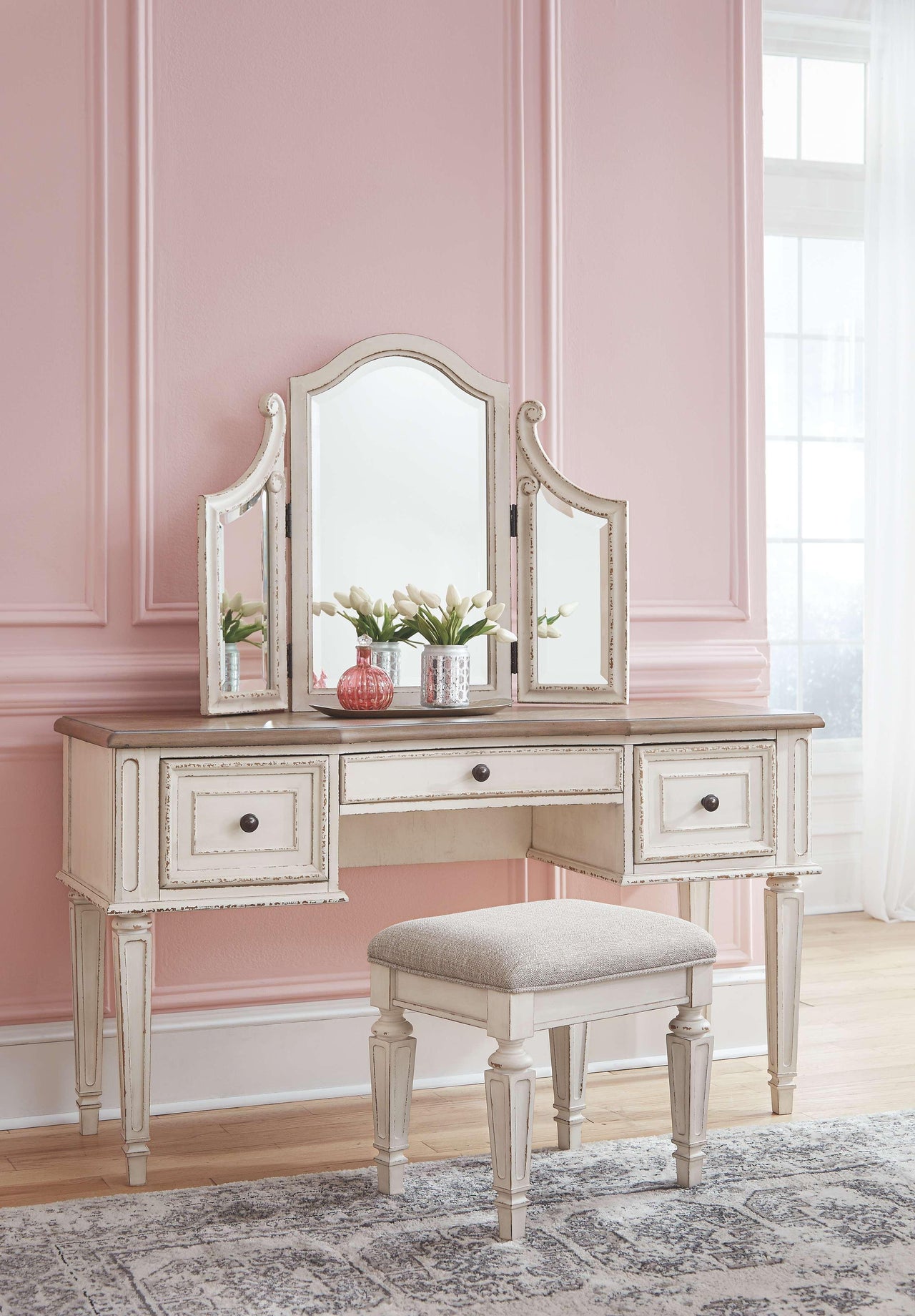 Realyn - White / Brown / Beige - Vanity/mirror/Stool (Set of 3) Tony's Home Furnishings Furniture. Beds. Dressers. Sofas.