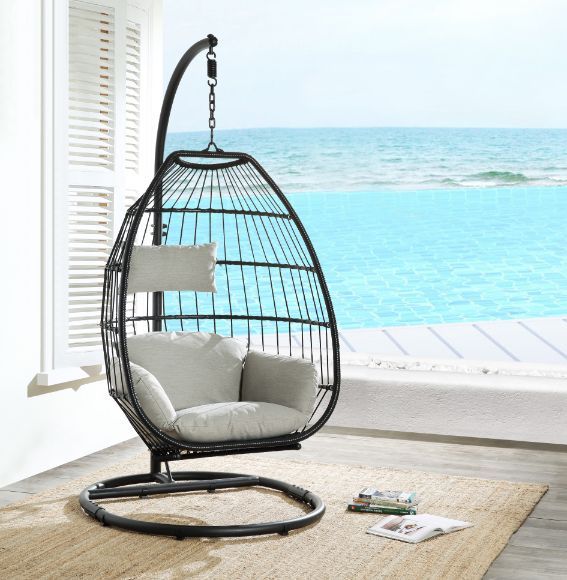 Oldi - Patio Swing Chair - Beige Fabric & Black Wicker - Tony's Home Furnishings