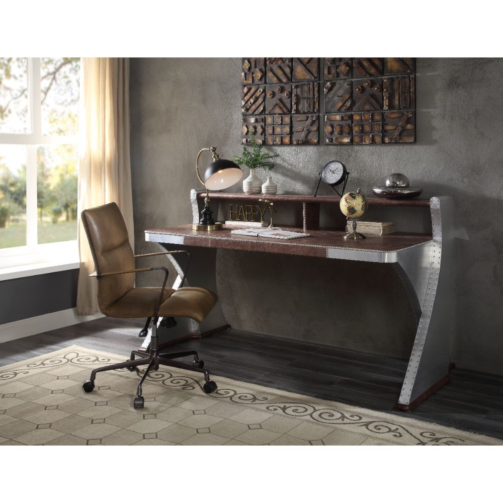 Brancaster - Desk - Retro Brown Top Grain Leather & Aluminum - Tony's Home Furnishings