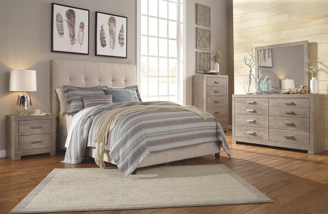 Culverbach - Gray - 5 Pc. - Dresser, Mirror, Queen Upholstered Bed, 2 Nightstands Tony's Home Furnishings Furniture. Beds. Dressers. Sofas.
