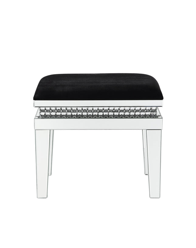 Lotus - Vanity Stool - Black Fabric, Mirrored & Faux Crystals - Tony's Home Furnishings