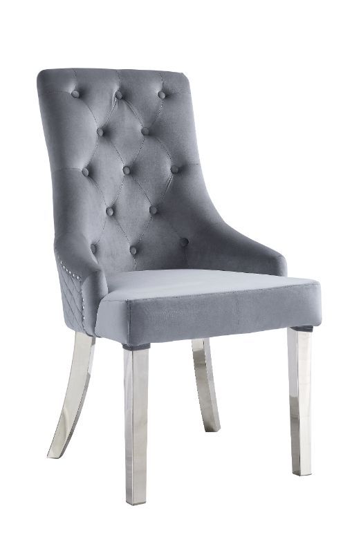 Satinka - Side Chair (Set of 2) - Gray Fabric & Mirrored Silver Finish - Tony's Home Furnishings