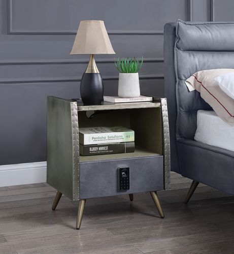 Doris - Nightstand - Gray Top Grain Leather & Aluminum - Tony's Home Furnishings