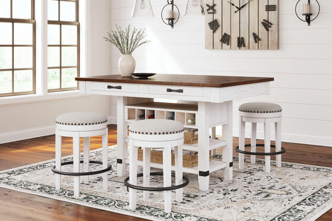 Valebeck - White / Brown - 5 Pc. - Counter Table With Wine Rack, 4 Swivel Stools Signature Design by Ashley® 