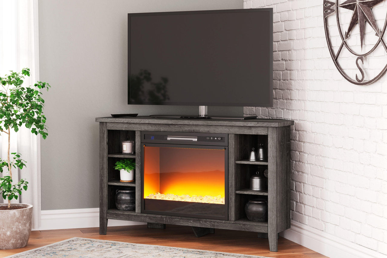 Arlenbry - Gray - Corner TV Stand With Glass/Stone Fireplace Insert Tony's Home Furnishings Furniture. Beds. Dressers. Sofas.