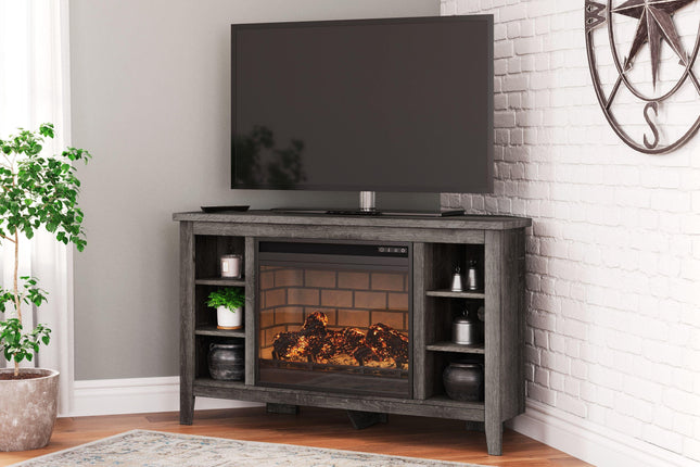 Arlenbry - Gray - Corner TV Stand With Faux Firebrick Fireplace Insert Signature Design by Ashley® 