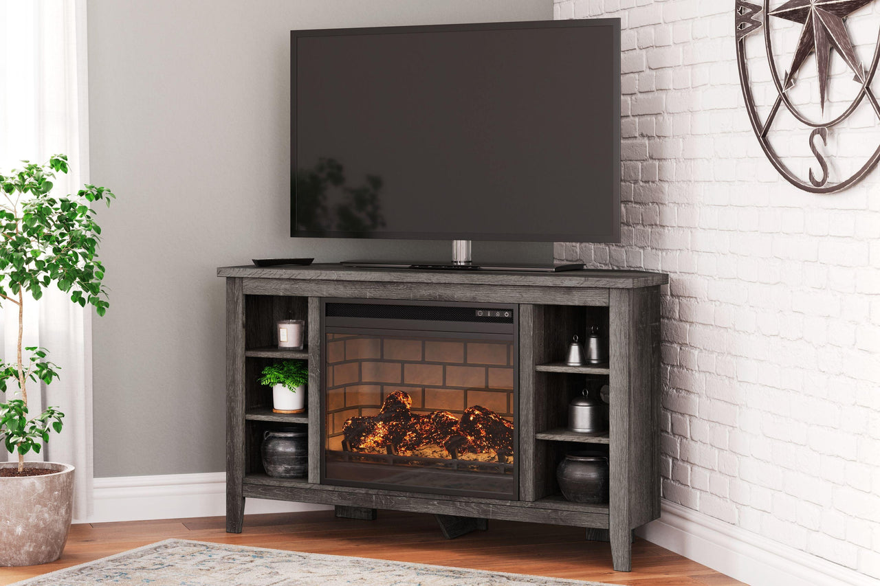 Arlenbry - Gray - Corner TV Stand With Faux Firebrick Fireplace Insert Tony's Home Furnishings Furniture. Beds. Dressers. Sofas.