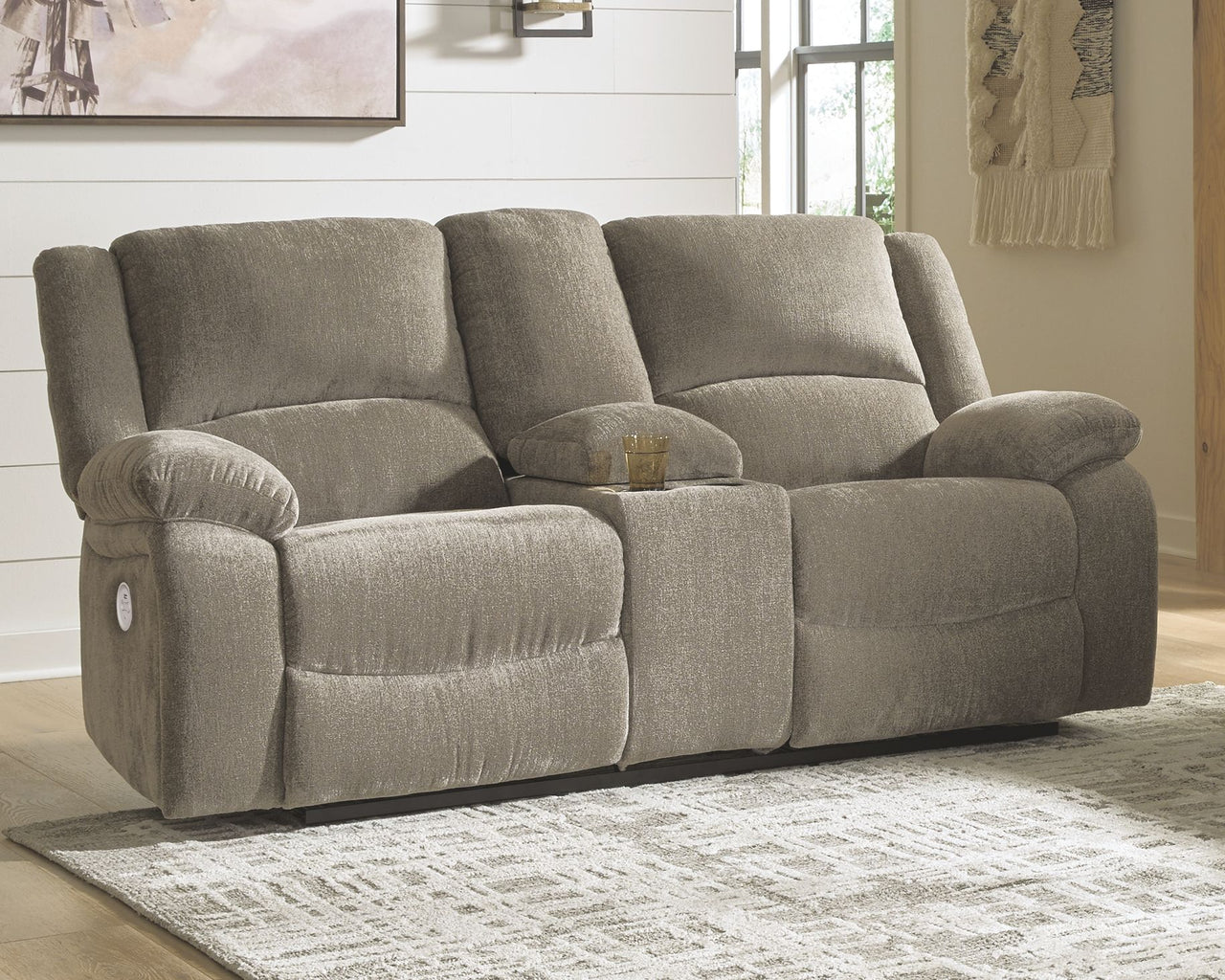 Draycoll - Pewter - Dbl Rec Pwr Loveseat W/Console - Tony's Home Furnishings